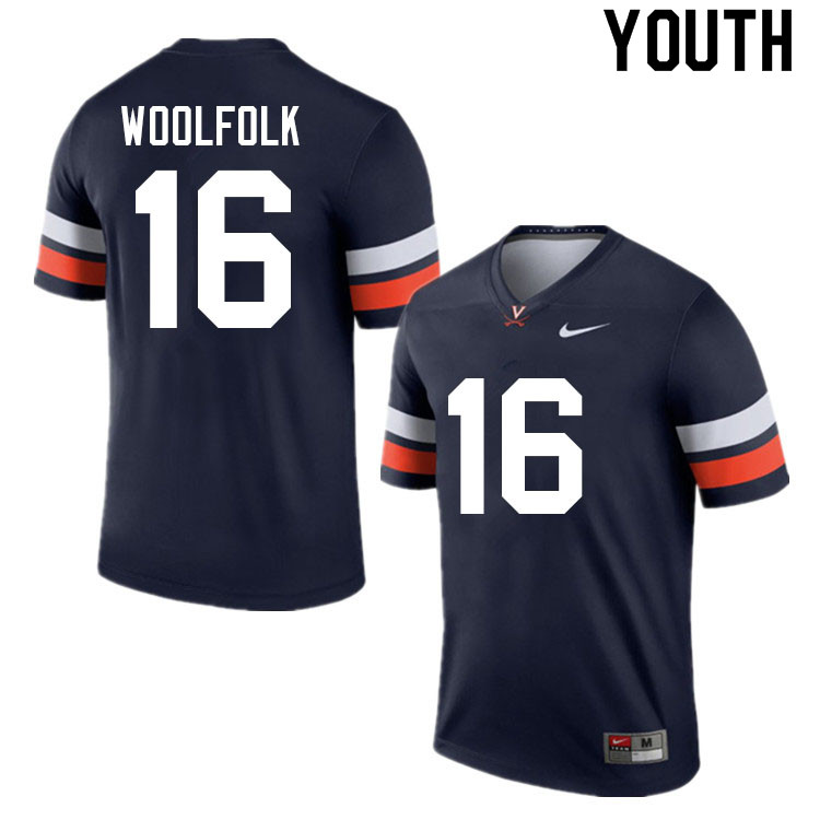 Youth #16 Jay Woolfolk Virginia Cavaliers College Football Jerseys Sale-Navy - Click Image to Close